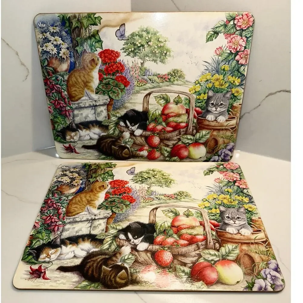 Set of 2 Cork Backed Playful Kitten Garden Table Mats Creative Tops Wall Decor